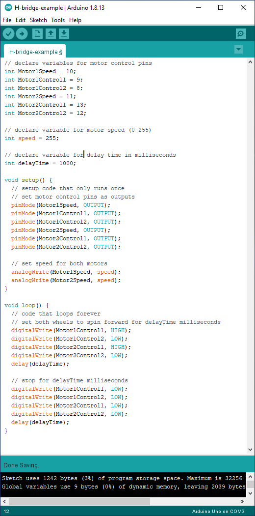 Example code to control robot's motors using H-bridge.