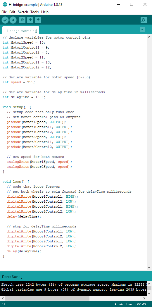  Example code to control robot's motors using H-bridge.  