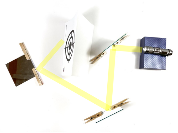 Experimental setup with mirrors, flashlight, and target for light science activity