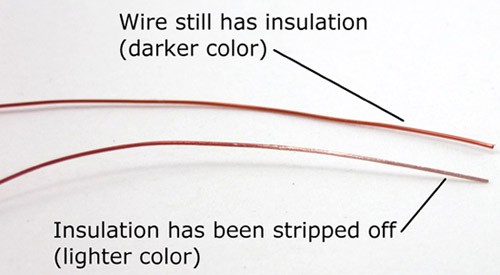 Photo of copper wire with insulation appears darker in color, when the insulation is removed the wire is lighter in color