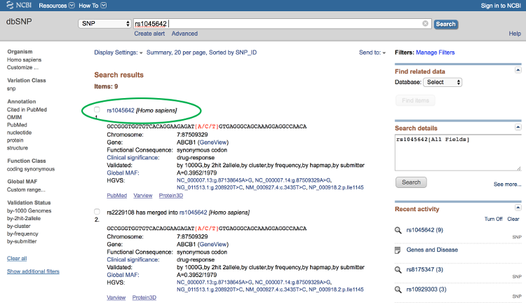 Screenshot of search results page for the SNP database