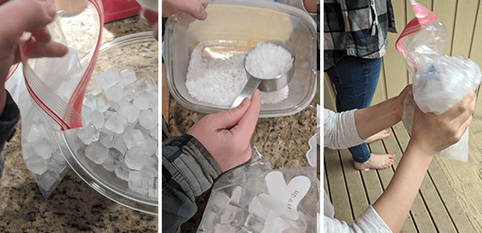 Three images showing adding ice and salt mixture and shaking the bag