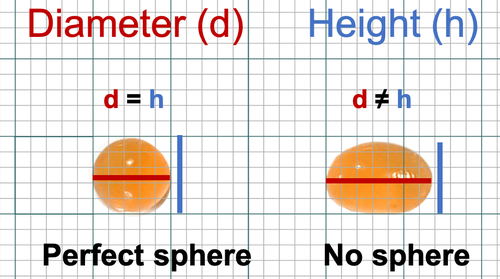 Two popping boba balls on a graph paper. The left one is more spherical than the right one. Red and blue lines show the diameter and the height of each popping boba ball. 