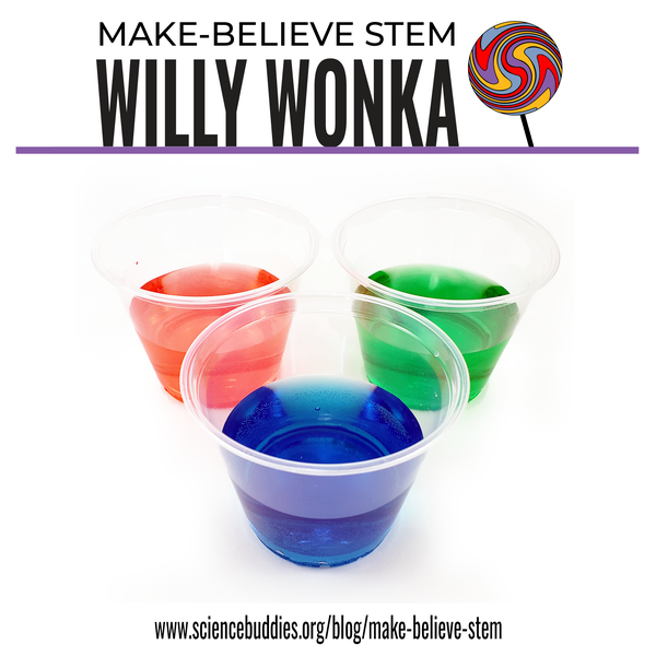 Three cups of differently colored liquids for a taste test - part of Willy Wonka-inspired Make-Believe STEM Science Experiments
