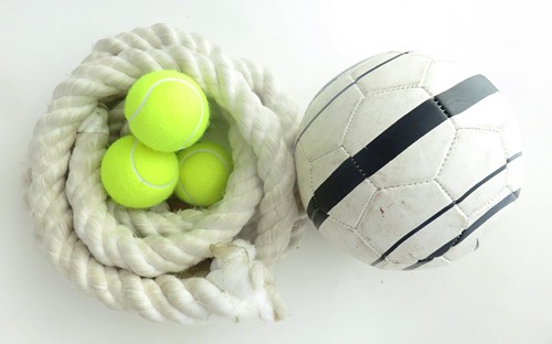 A rope, three tennis balls and a soccer ball
