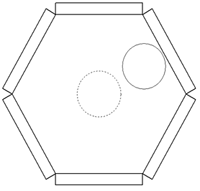 Drawing of a hexagon with a circle at its center and a second circle between the first and a flat edge of the hexagon
