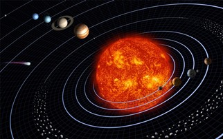 Rendering of the sun with eight planets orbiting it.