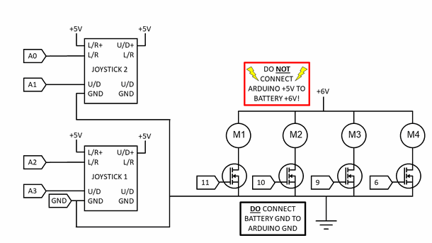 circuit diagram for dual joystick control of mini popsicle stick drone 