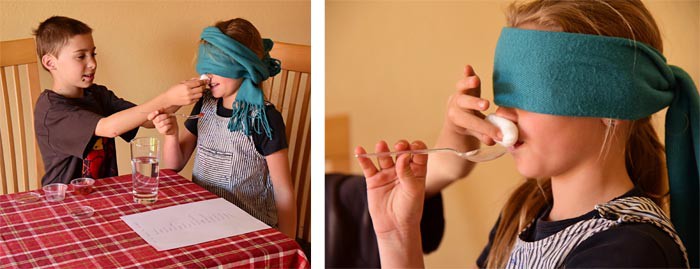 A child holds cotton balls up to the nose of another child who is blindfolded