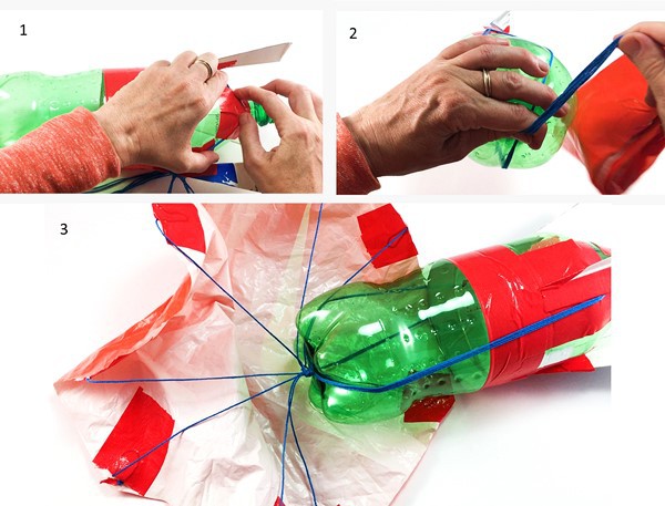 Illustration of how to attach a parachute to the bottle