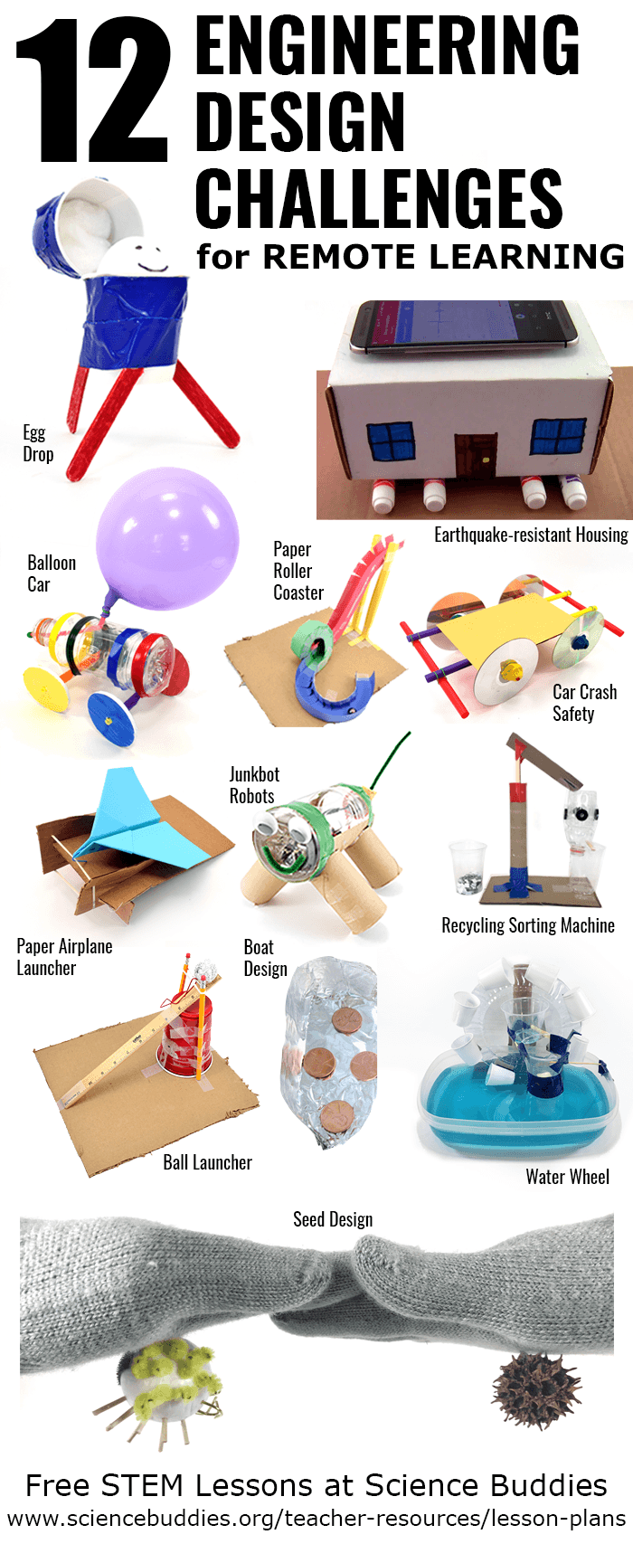 Images of 12 student Engineering Design Challenges Perfect for Remote Learning (described and linked below)