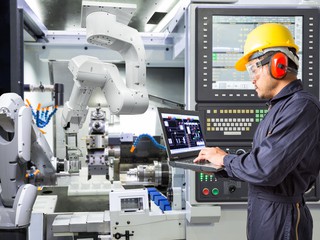 Engineer using laptop computer for maintenance automatic robotic arm with CNC machine in smart factory.