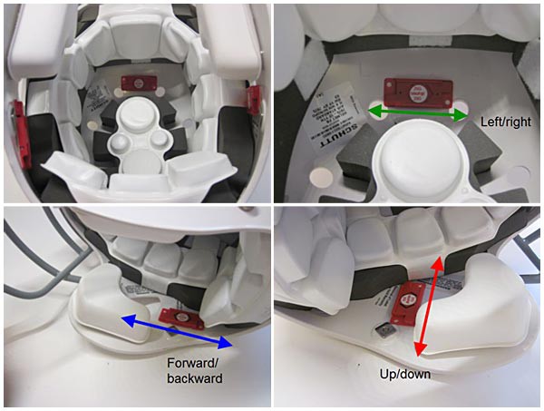 Three shock indicators are placed inside a football helmet in the front, left and right