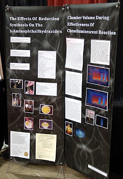 A science project displayed on two vertical banners attached to stands