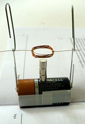 Coiled wire is suspended between two paperclips that are taped to the terminals of a C cell battery