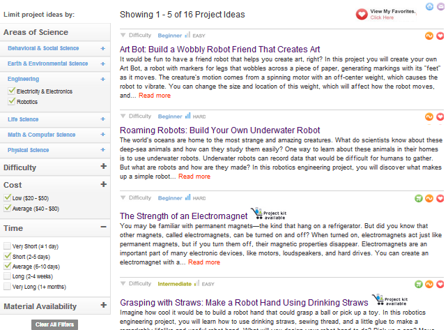 Science Buddies Project Library Filters Example