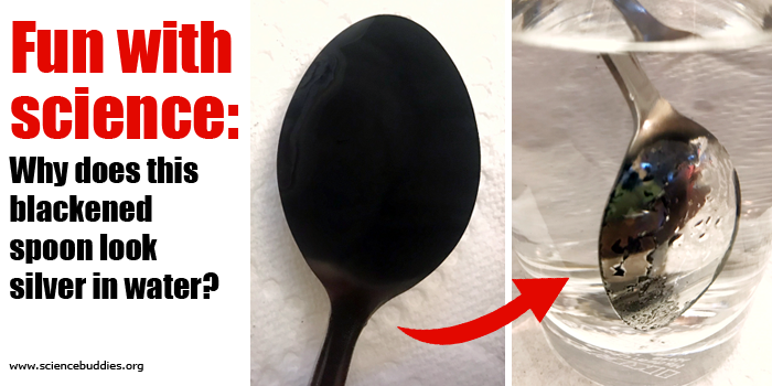 Two photos of a black spoon and the same spoon appearing silver while in a glass of water
