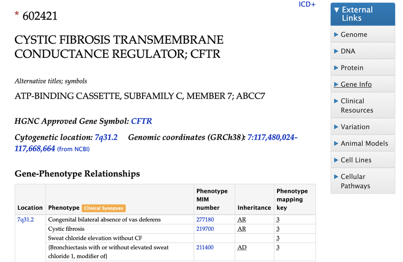 Screenshot of the gene page for cystic fibrosis on the OMIM website