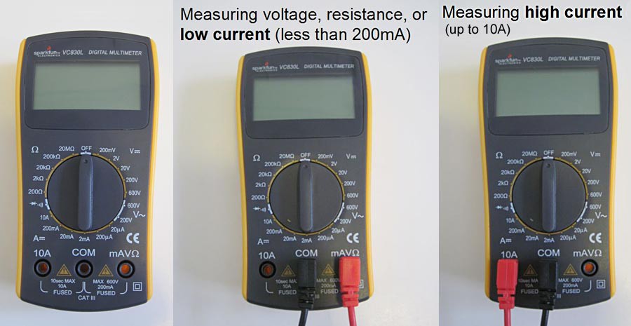 Probes are inserted into different ports of a multimeter based on the current being measured