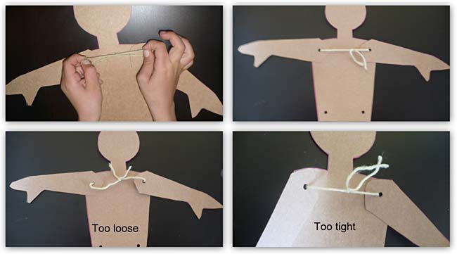 Correctly tensioning yarn being used to connect card stock body parts together