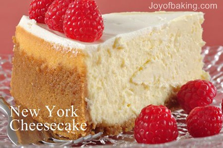 Photo of a slice of New York Cheesecake topped with raspberries