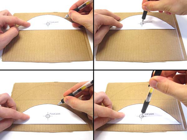 Two parabolas from a paper template are drawn onto a piece of cardboard