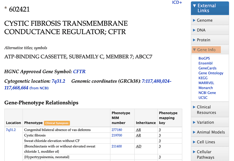 Screenshot of the gene page for cystic fibrosis on the OMIM website