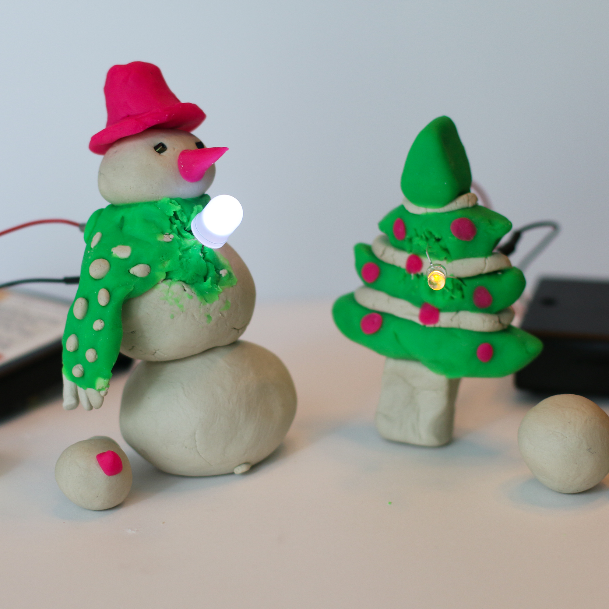 Snowman and Tree Electric Playdough Example Holiday STEM Activities