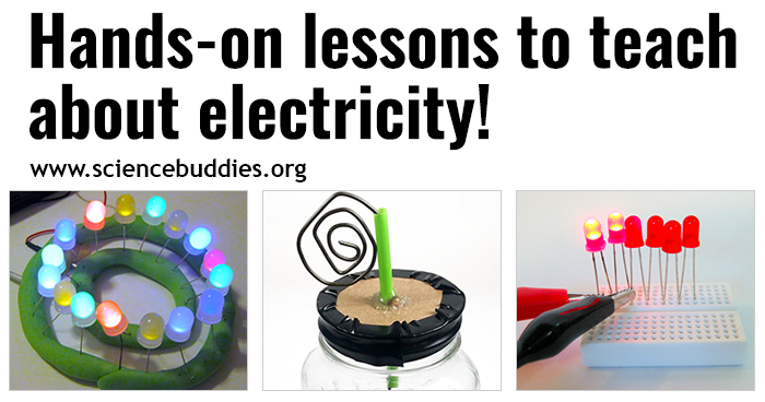 An electric play dough creation with many lit LEDs, a homemade electroscope in a jar, and a small breadboard with multiplet lit LEDs to represent collection of STEM lessons and activities to teach about electricity