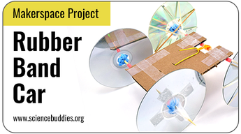 Makerspace STEM: rubberband-powered car made from compact discs and recycled materials