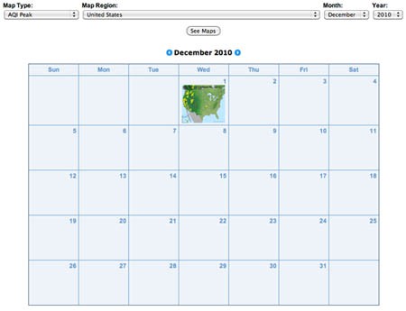 Screenshot of an ozone calendar from airnow.gov