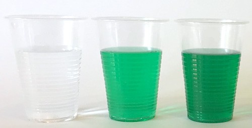 Three clear plastic cups contain solutions of different concentrations of green dye