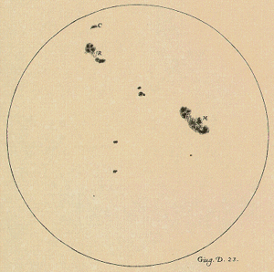 Photo of a drawing of the Sun with sunspots marked in black