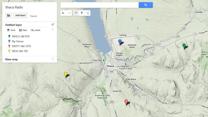 Screenshot of Ithaca New York with four radio towers marked in Google Maps
