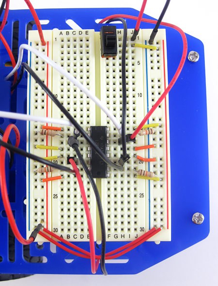 A fully wired breadboard for an object avoiding robot