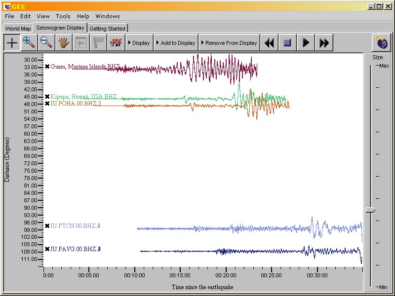 Five seismograms from different stations are displayed in the Global Earthquake Explorers program