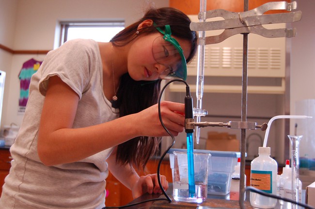 Girl carrying out a titration in chemistry class. 