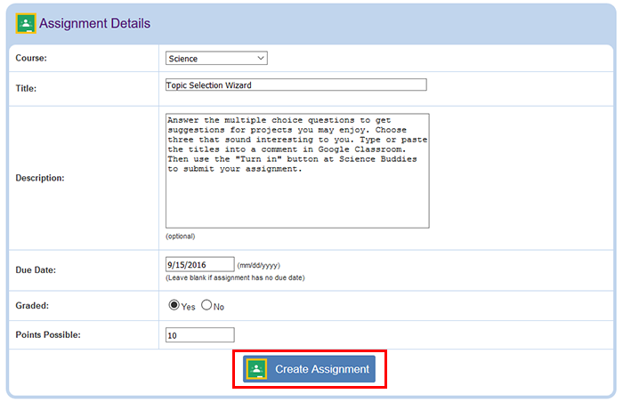 Cropped screenshot of an assignment being created for Google Classroom