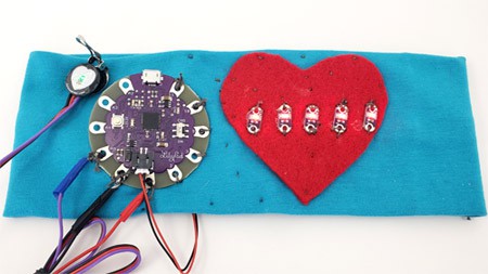 A circuit board and LEDs used to measure heart rate sewn to a headband