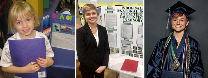 Photo collage of a student during an elementary school science fair, high school science fair and high school graduation