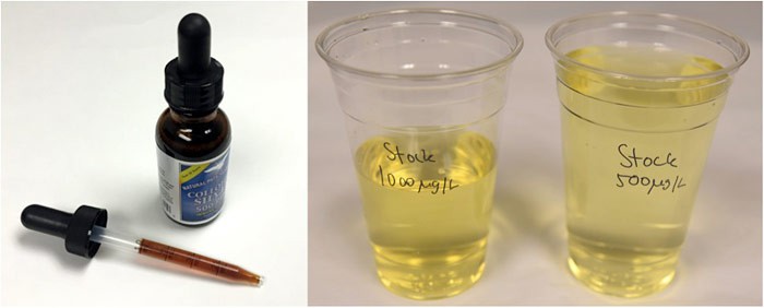 An eye dropper bottle filled with collodial silver solution next to two cups filled with a yellow colored solution