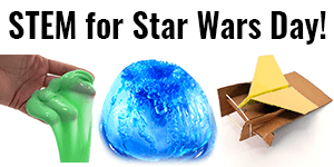 Three images from a group of 15 activities that tie in with Star Wars - ice melting, slime, and airplane launcher
