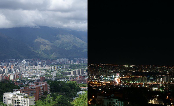 A view of Caracas from the same place at day (left) and at night (right).