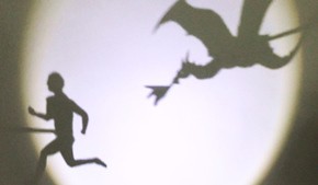 Shadow figures shaped as a dragon and a person.