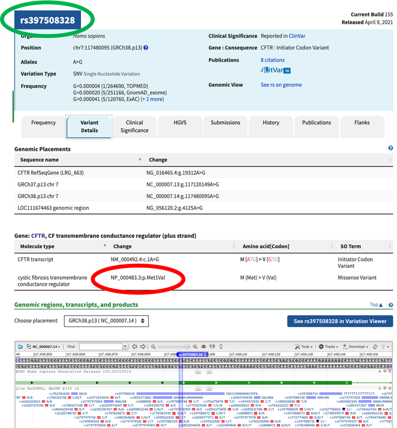 Screenshot of the SNPs for the CFTR gene in the NCBI SNP database