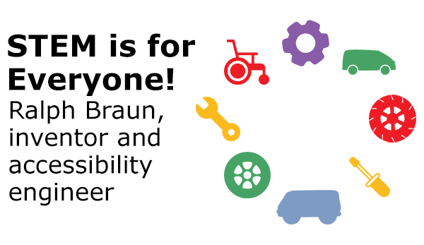 Icons related to engineering, wheelchair, and vehicle design and innovation to represent Ralph Braun, an inventor and engineer