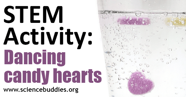Dancing Candy Hearts STEM activity uses Valentine's Day candy conversation hearts which react when dropped in carbonated water or soda