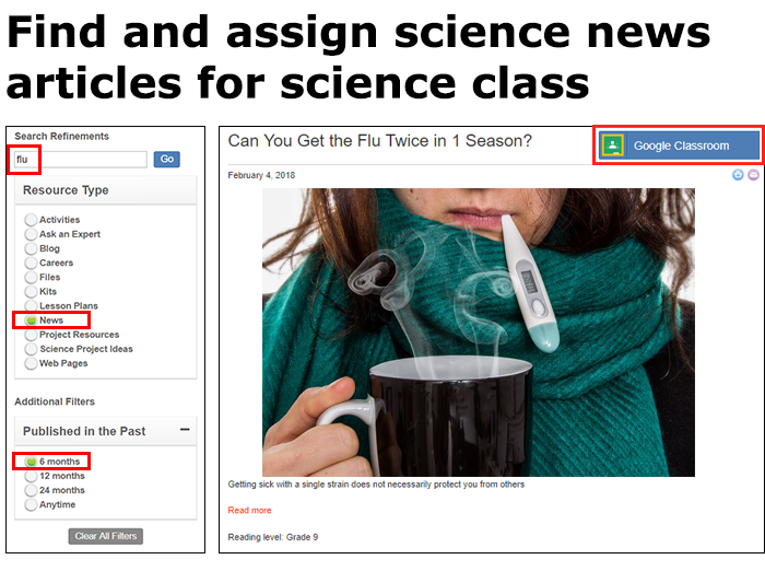 Two cropped screenshots of a search filter and news article on the website ScienceBuddies.org