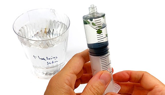 Hands holding a syringe next to a cup of water. The syringe is filled halfway with a solution and floating leaf disks.