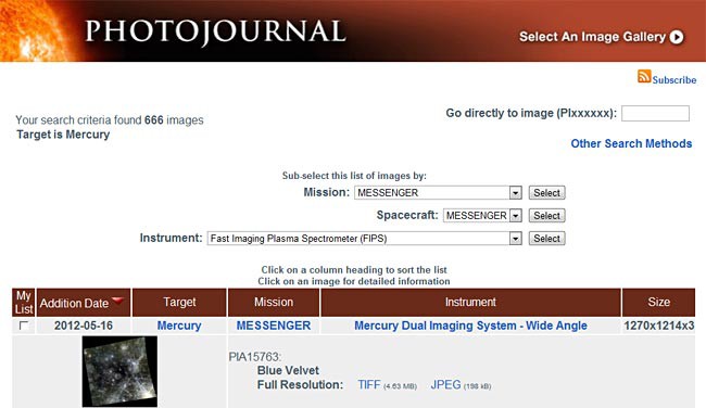 Photojournal.jpl.nasa.gov has a database of images from NASA missions searchable by mission, spacecraft and instrument